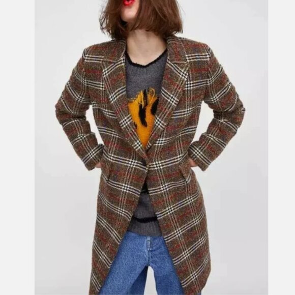 ZARA BROWN CHECKED SINGLE BREASTED WOOL & ALPACA COAT SIZE M - Picture 2 of 12